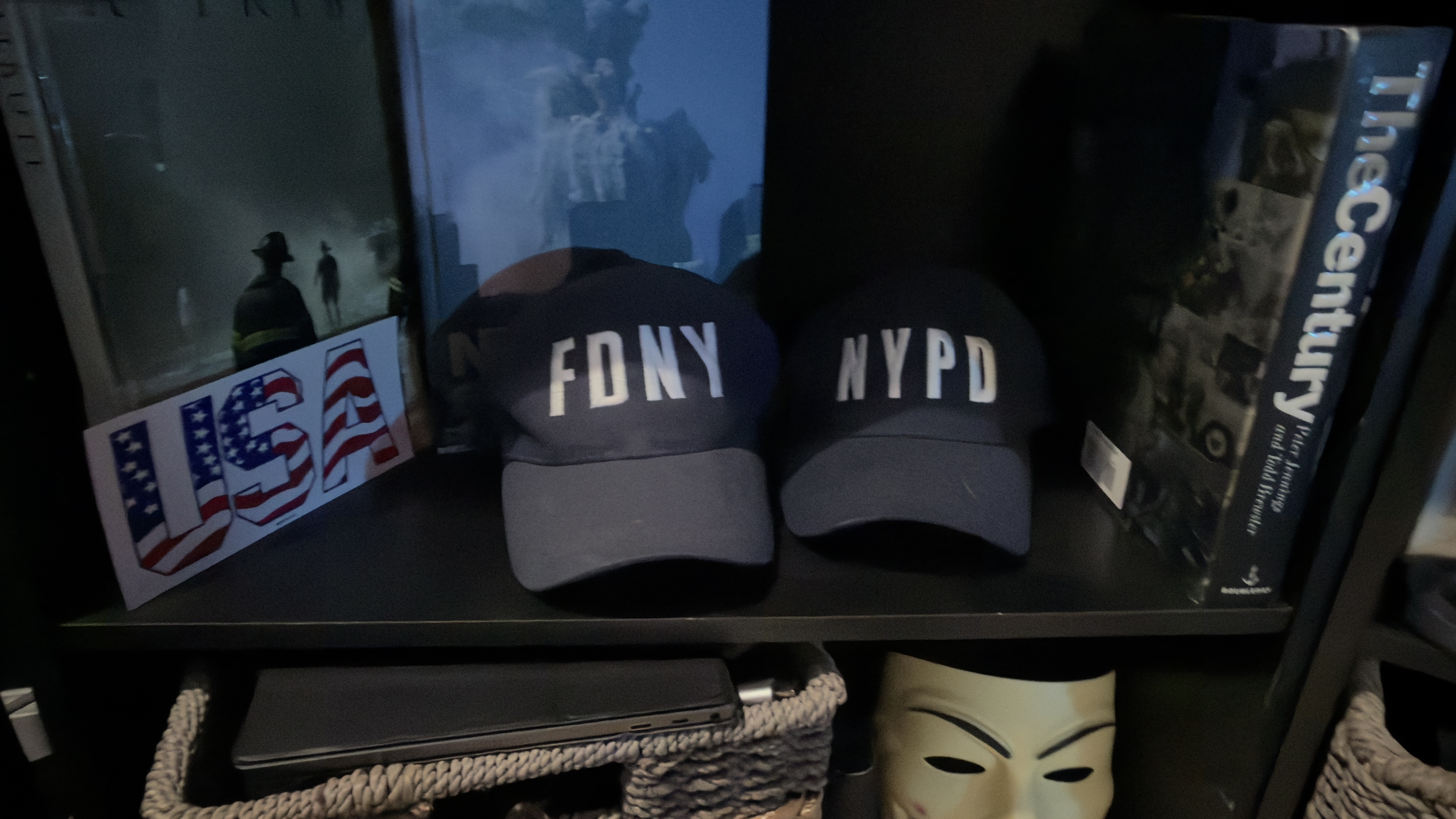 Cyber Crime Junkies studio shelf, FDNY and NYPD
