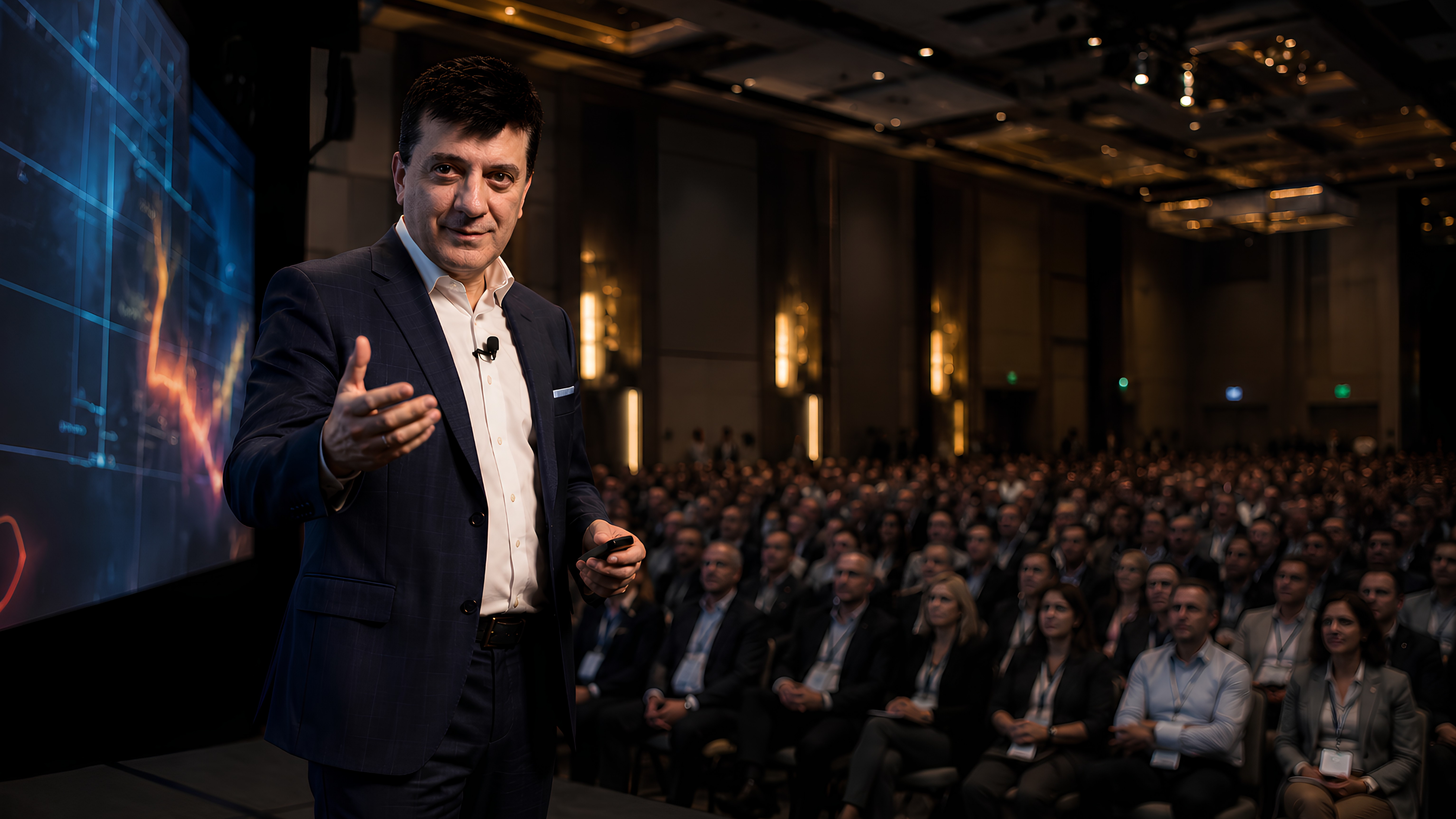Dean Mauro on stage before a large audience